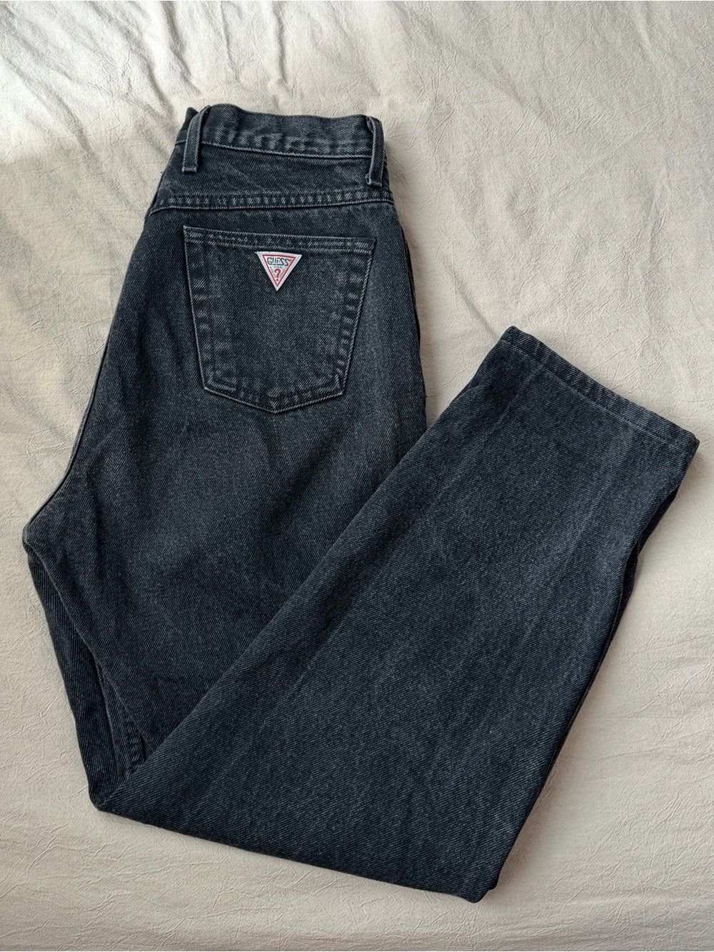 Guess Black High-Rise Mom Jeans with Logo Patch by Georges Marciano